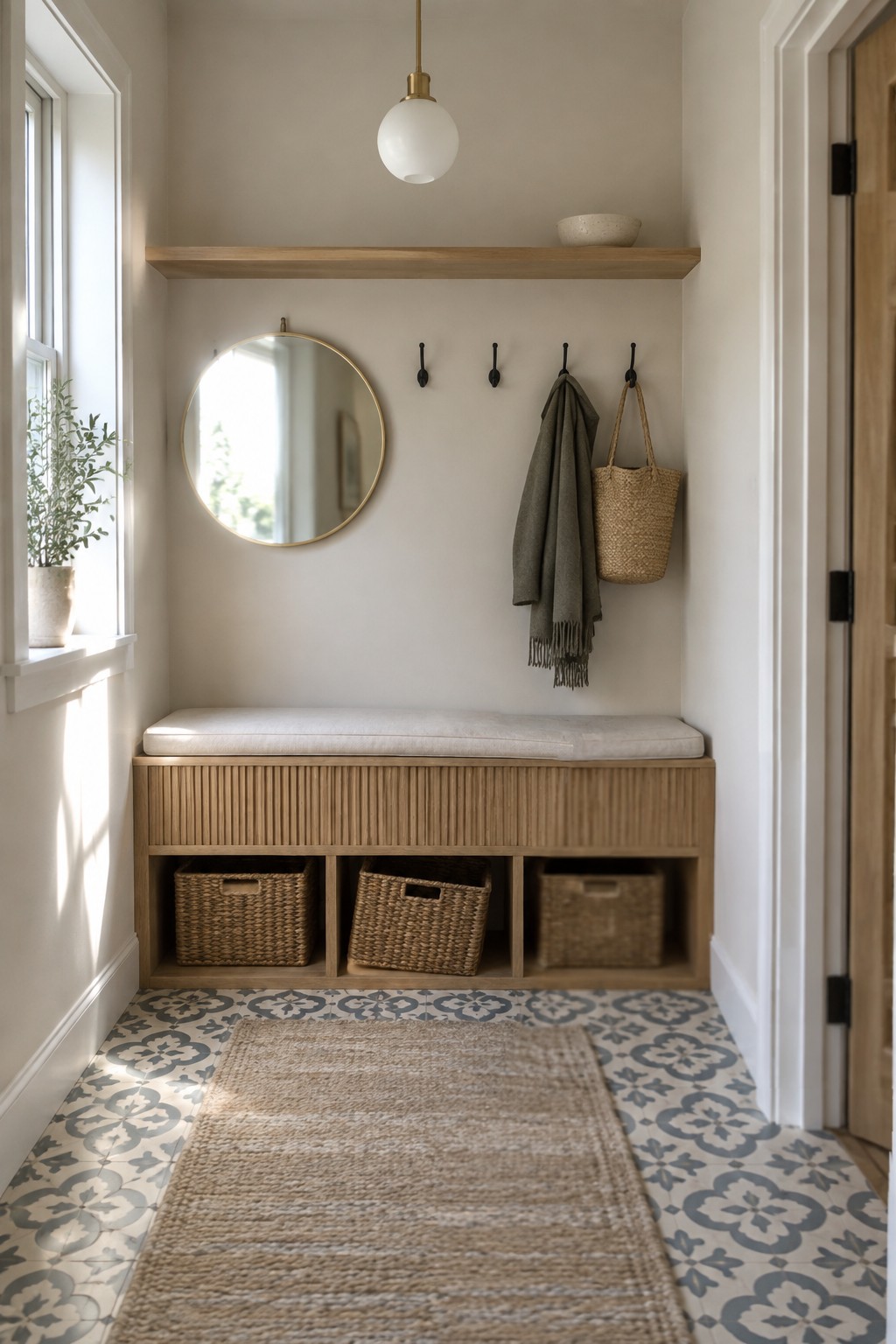 A light wood built-in bench with a cushioned seat and three open storage cubbies holding woven baskets sits beneath a round mirror and wall hooks in an entryway.