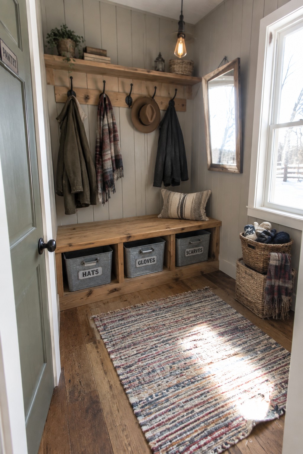 Rustic mudroom with wooden bench, labeled bins, hanging coats, and colorful rug.