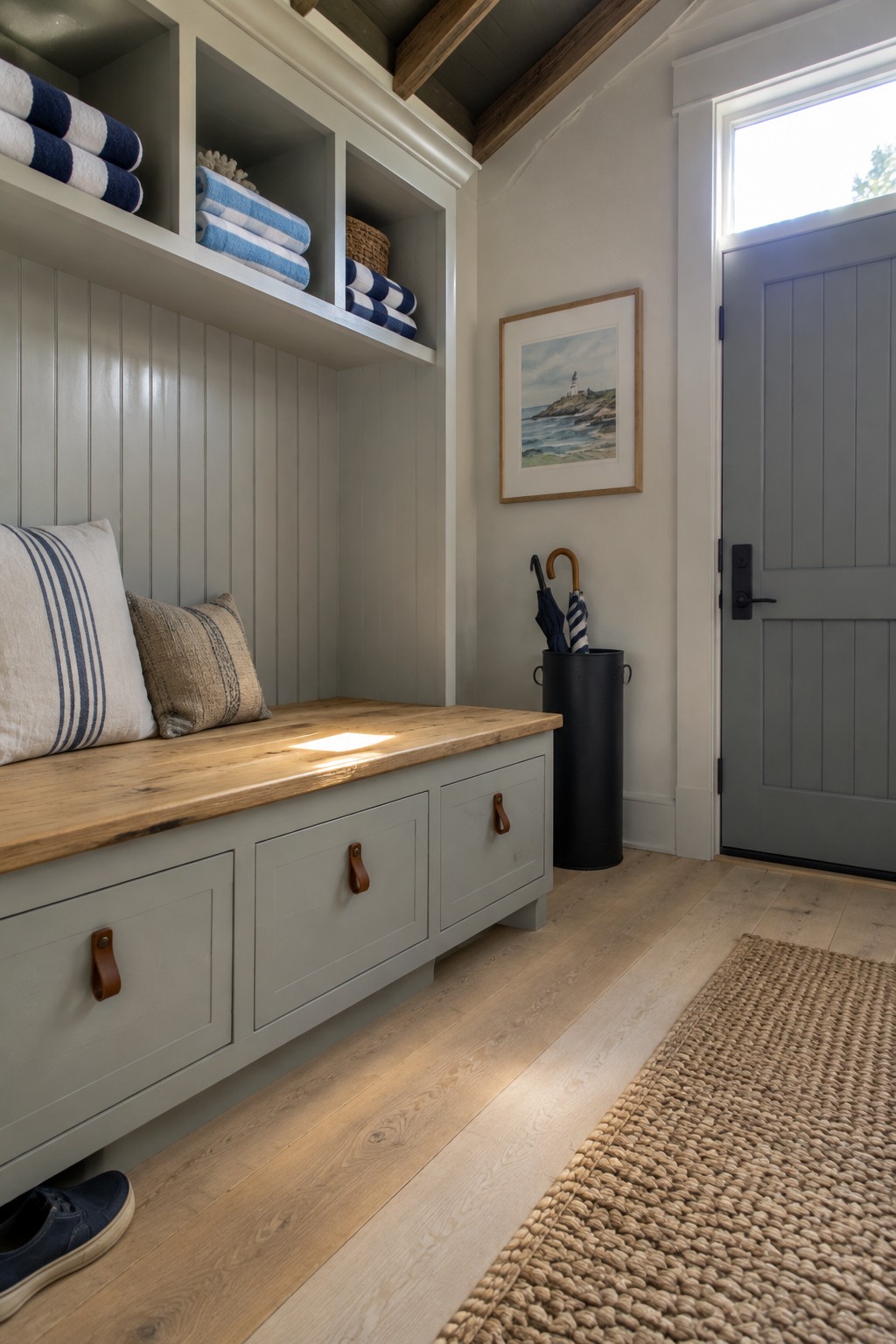 Gray bench with striped pillows under shelves of blue towels beside lighthouse art.