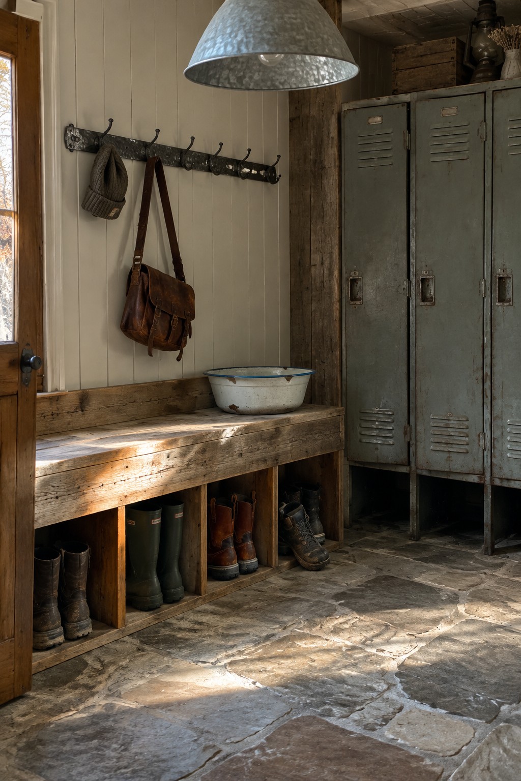 A rustic interior entryway showing a wooden built-in bench with open cubbies holding boots, metal lockers to the right, and wall hooks above with a leather bag and knit hat.