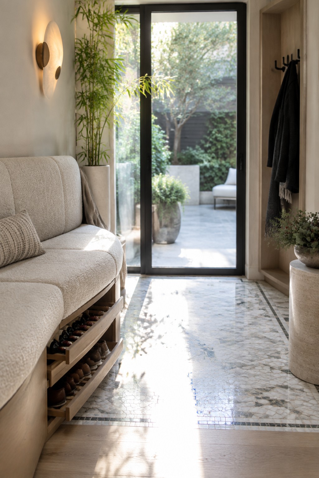 An entryway with a built-in upholstered bench featuring open wooden drawers holding shoes, positioned beside glass doors that open to an outdoor patio area.