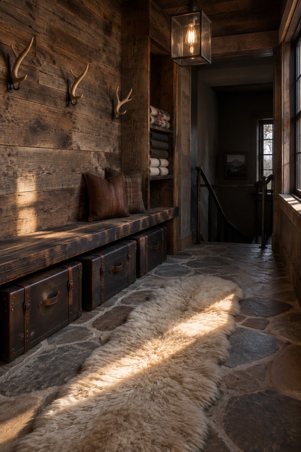 A rustic wooden entryway featuring a long built-in bench with three dark leather trunks stored underneath, antler hooks on the wall above, and a sheepskin rug on the stone floor.