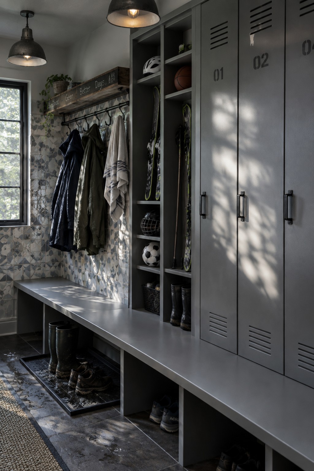 A gray mudroom interior showing a long built-in bench with open storage below, coat hooks on a patterned tile wall, and tall lockers with numbers on the doors.