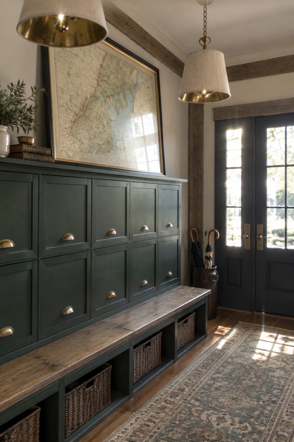 Green cabinet bench under framed map beside dark doors with woven baskets and rug