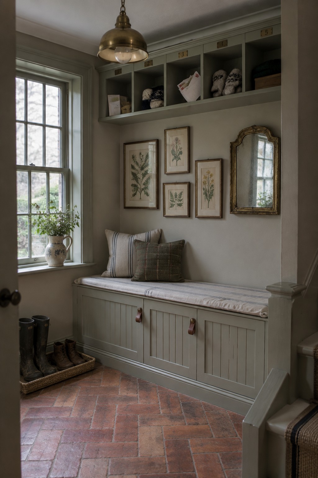 A gray built-in bench with a striped cushion sits below open cubbies and framed botanical prints in a brick-floored entryway with a window on the left.