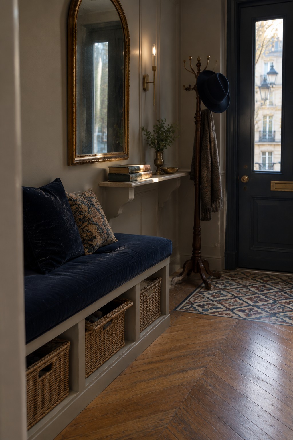 Built-in bench with blue cushion and woven storage baskets underneath, positioned in a home entryway beside a dark door and wooden coat rack.