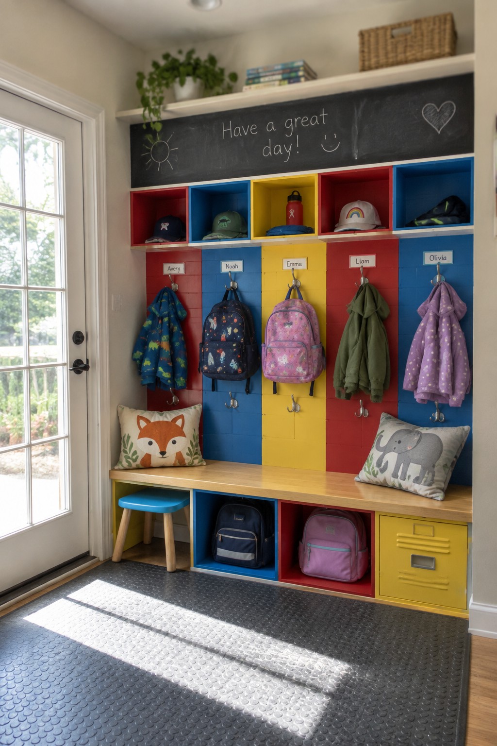 Colorful children's mudroom with labeled cubbies, backpacks, jackets, fox and elephant pillows.