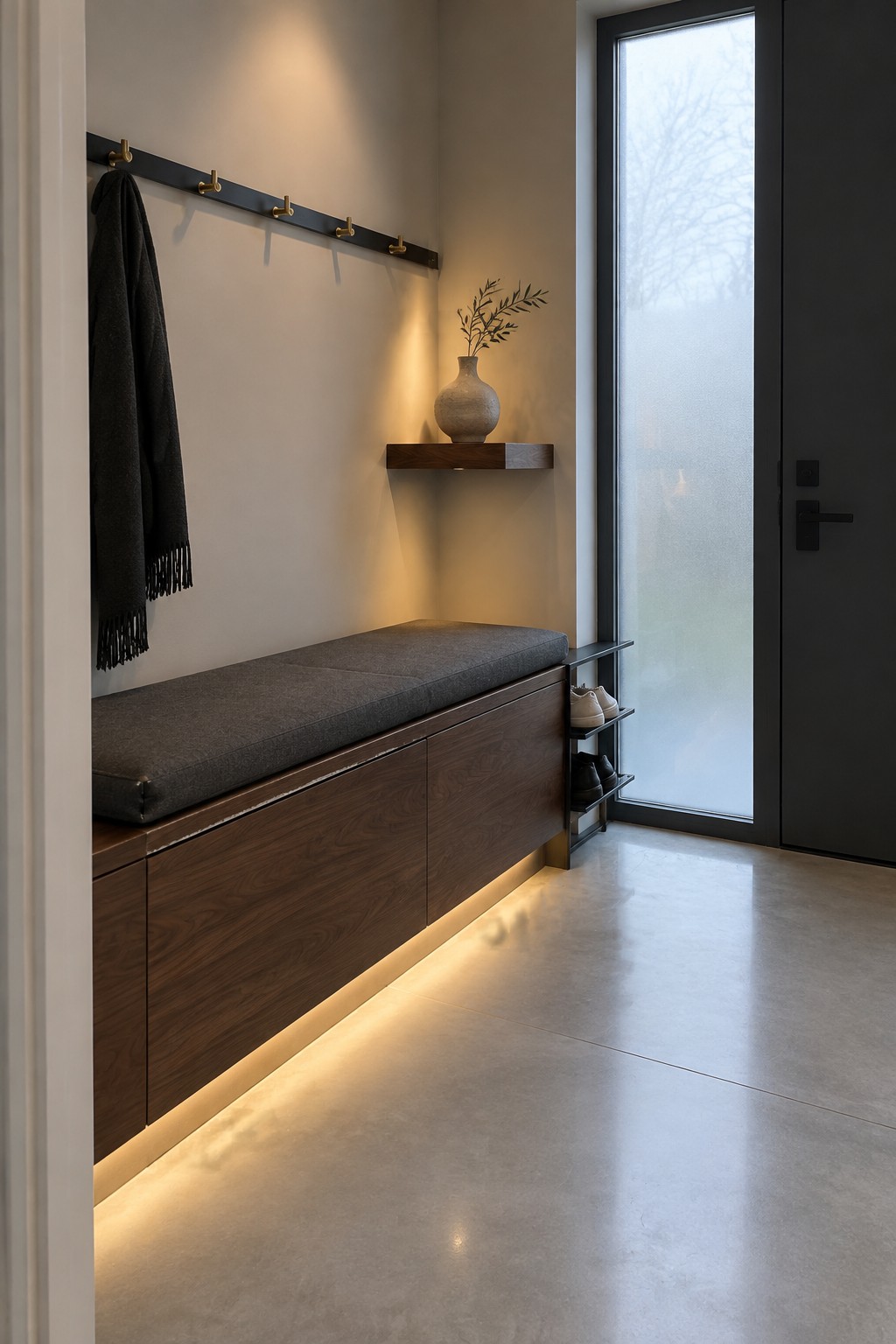 An entryway interior shows a long wooden built-in bench with gray cushion and under-cabinet storage, wall hooks holding a dark scarf, a small floating shelf with a vase, and a metal shoe rack beside a frosted glass door.