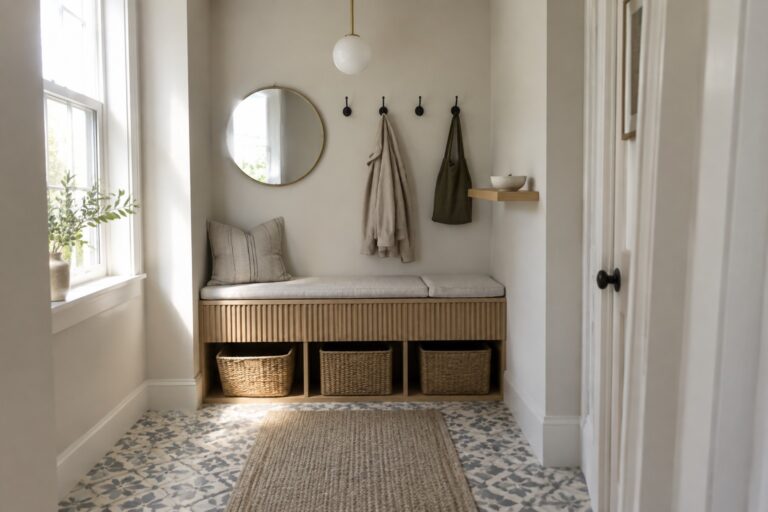 20 Practical Entryway Interiors With Built-In Bench Storage A light wood built-in bench with a cushioned seat and three open storage cubbies holding woven baskets sits beneath a round mirror and wall hooks in an entryway.