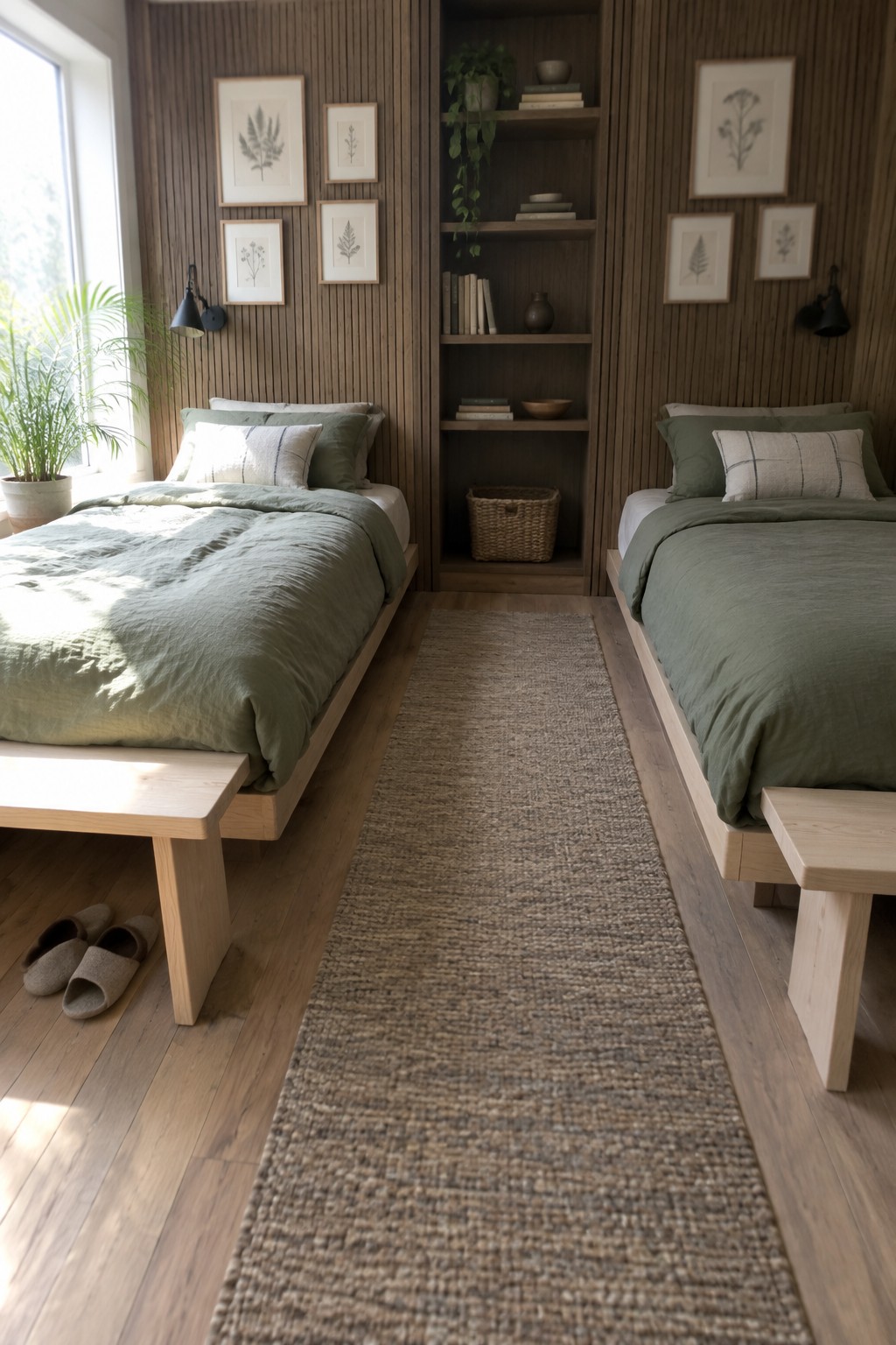 Two sage-green twin beds flank wooden built-in shelves in a rustic bedroom with woven rug.