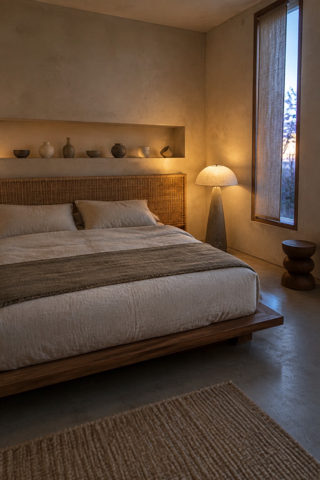 A low wooden platform bed with woven headboard and neutral linens sits in a minimalist bedroom with a built-in wall niche holding small ceramic vessels and a tall floor lamp beside a tall window.