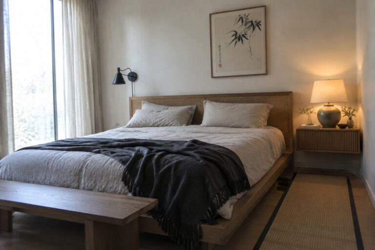 21 Serene Japandi Bedroom Ideas Using Natural Wood and Low-Profile Furniture A Japandi-style bedroom with a low wooden platform bed, cane headboard, light linen bedding, dark throw, wooden nightstand, and a wooden bench at the foot of the bed.