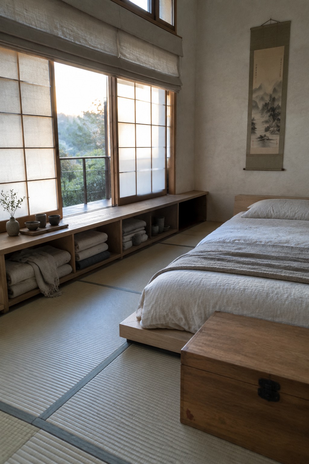 Minimalist Japanese bedroom with tatami mats, low wooden bed, shoji windows, and scroll.