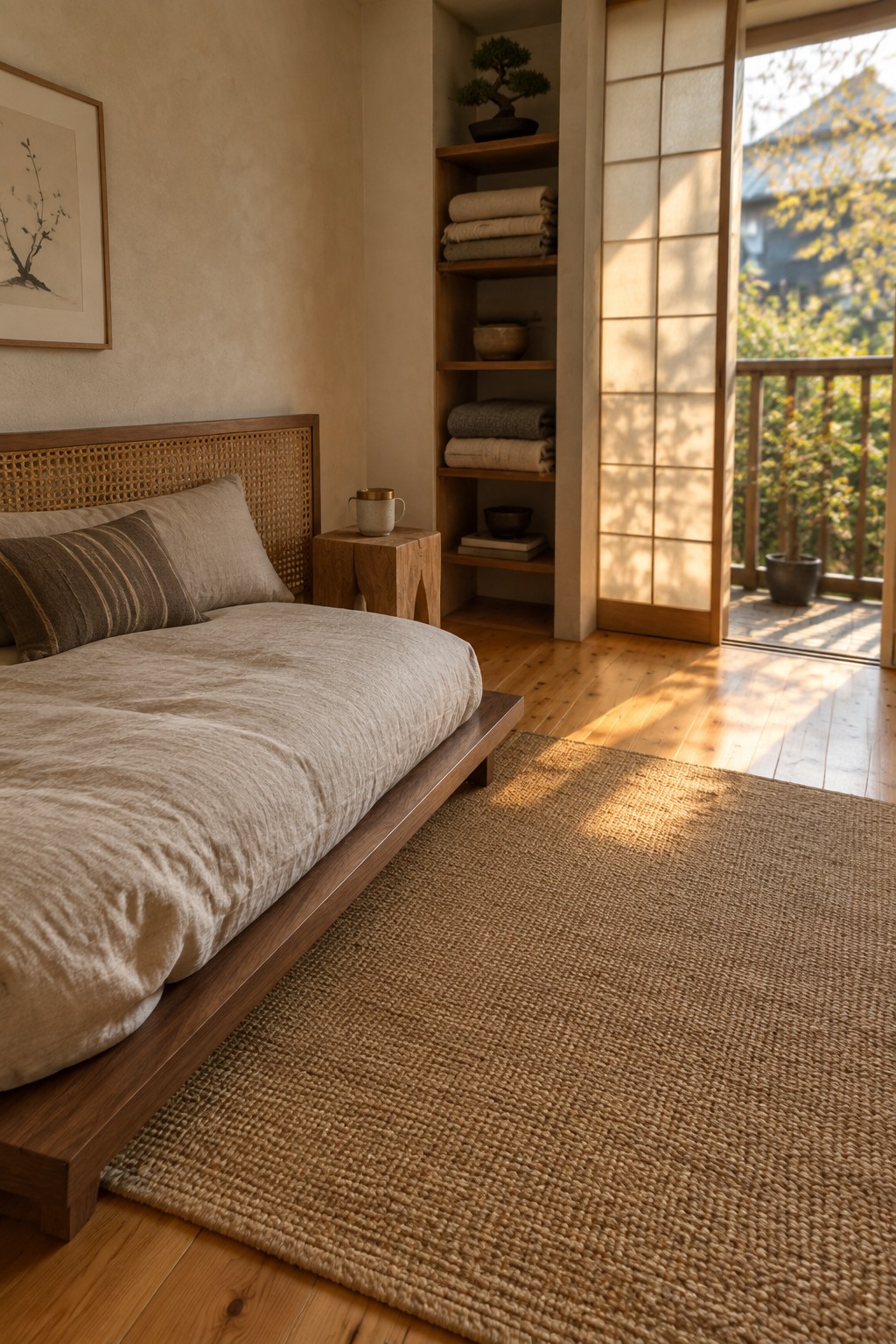 A bedroom interior showing a low wooden platform bed with a woven rattan headboard, neutral linens, a jute rug on the floor, and built-in wooden shelving beside shoji-style sliding doors.