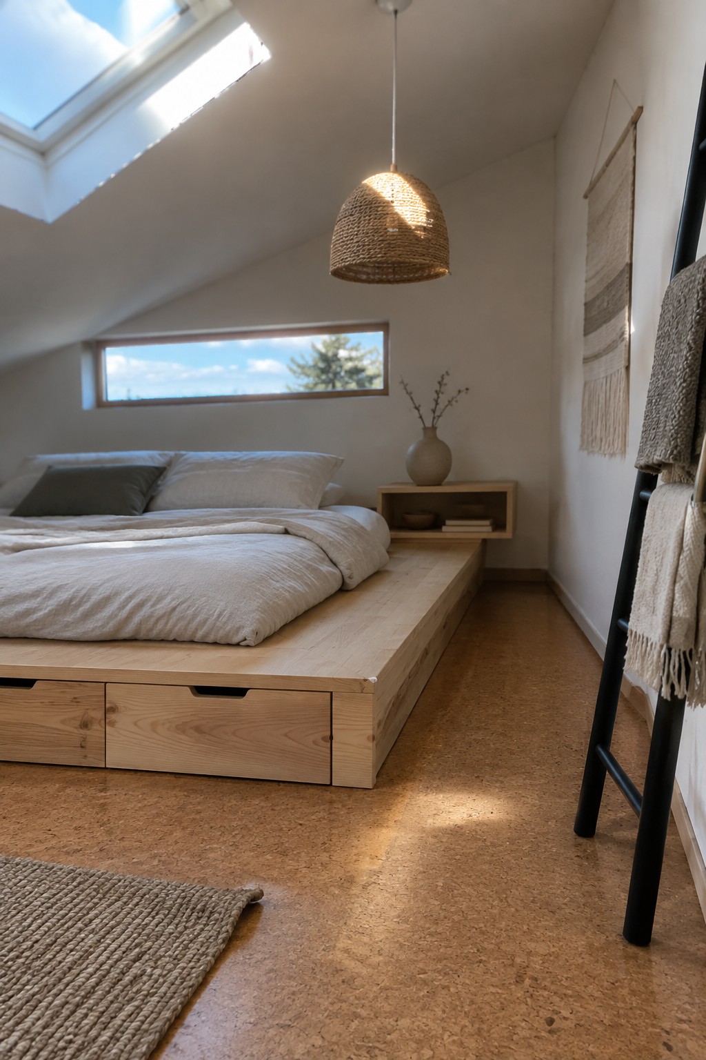 A low light-wood platform bed with built-in drawers in a minimalist attic bedroom with cork flooring, a woven pendant light, and a slanted ceiling with skylight.