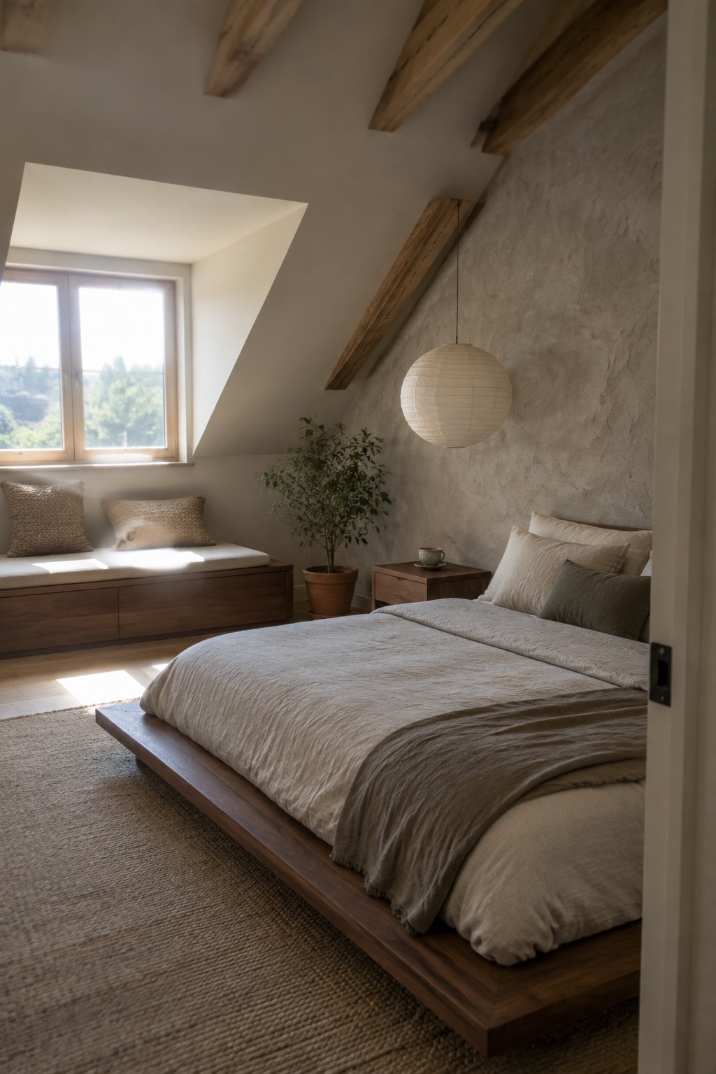 A Japandi-style bedroom featuring a low wooden platform bed with neutral linens, a hanging paper lantern, exposed ceiling beams, and a window seat with cushions.