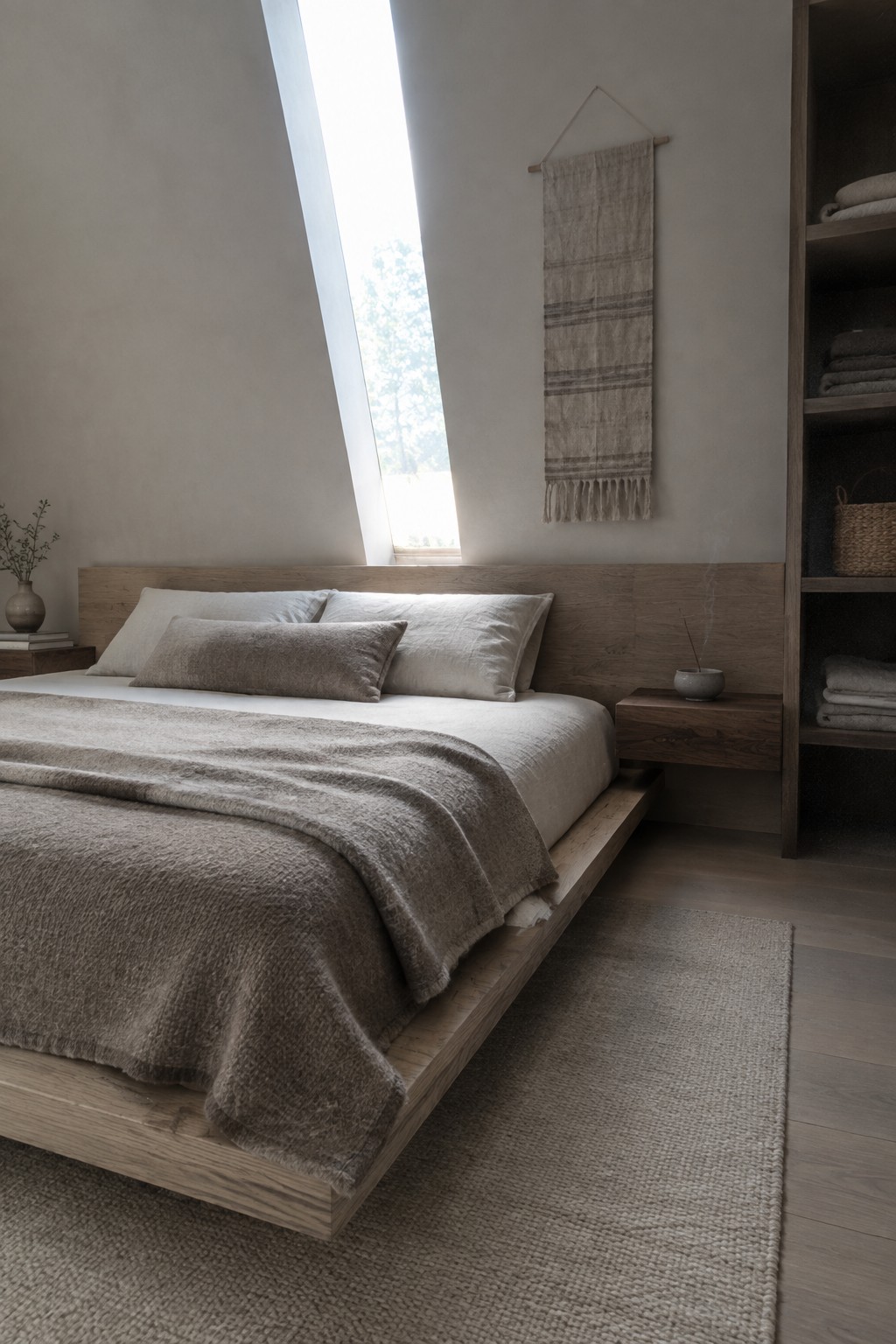 A low-profile wooden platform bed with beige linen bedding and pillows in a minimalist bedroom with a tall window, floating nightstand, and built-in wood storage unit.