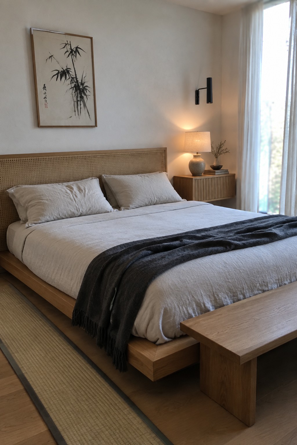 A Japandi-style bedroom with a low wooden platform bed, cane headboard, light linen bedding, dark throw, wooden nightstand, and a wooden bench at the foot of the bed.