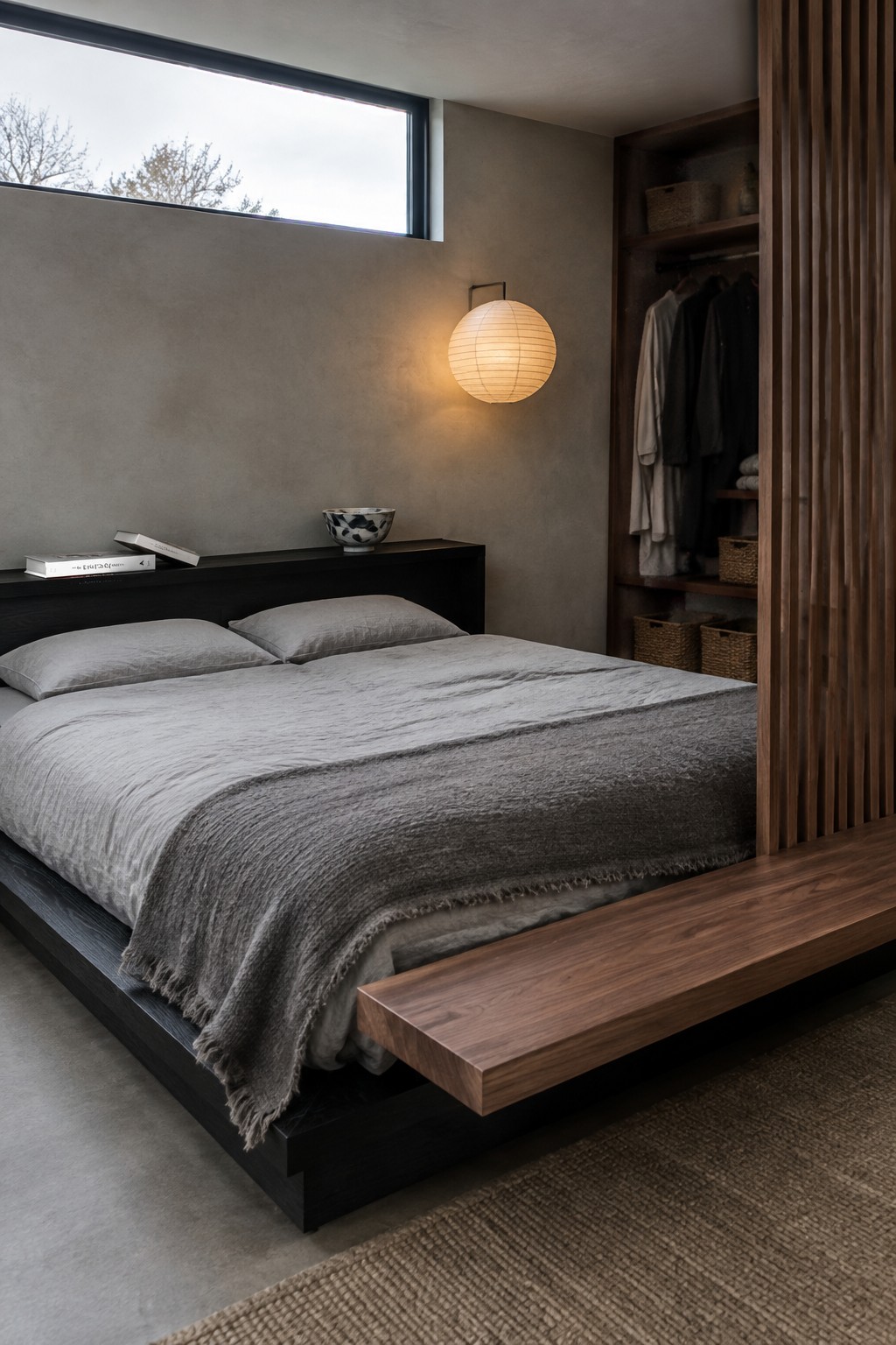 A serene bedroom with a low dark wood platform bed dressed in gray linens, a long floating wood bench extending from the foot of the bed, a round paper lantern on the wall, and a built-in wood wardrobe with vertical slats on the right side.