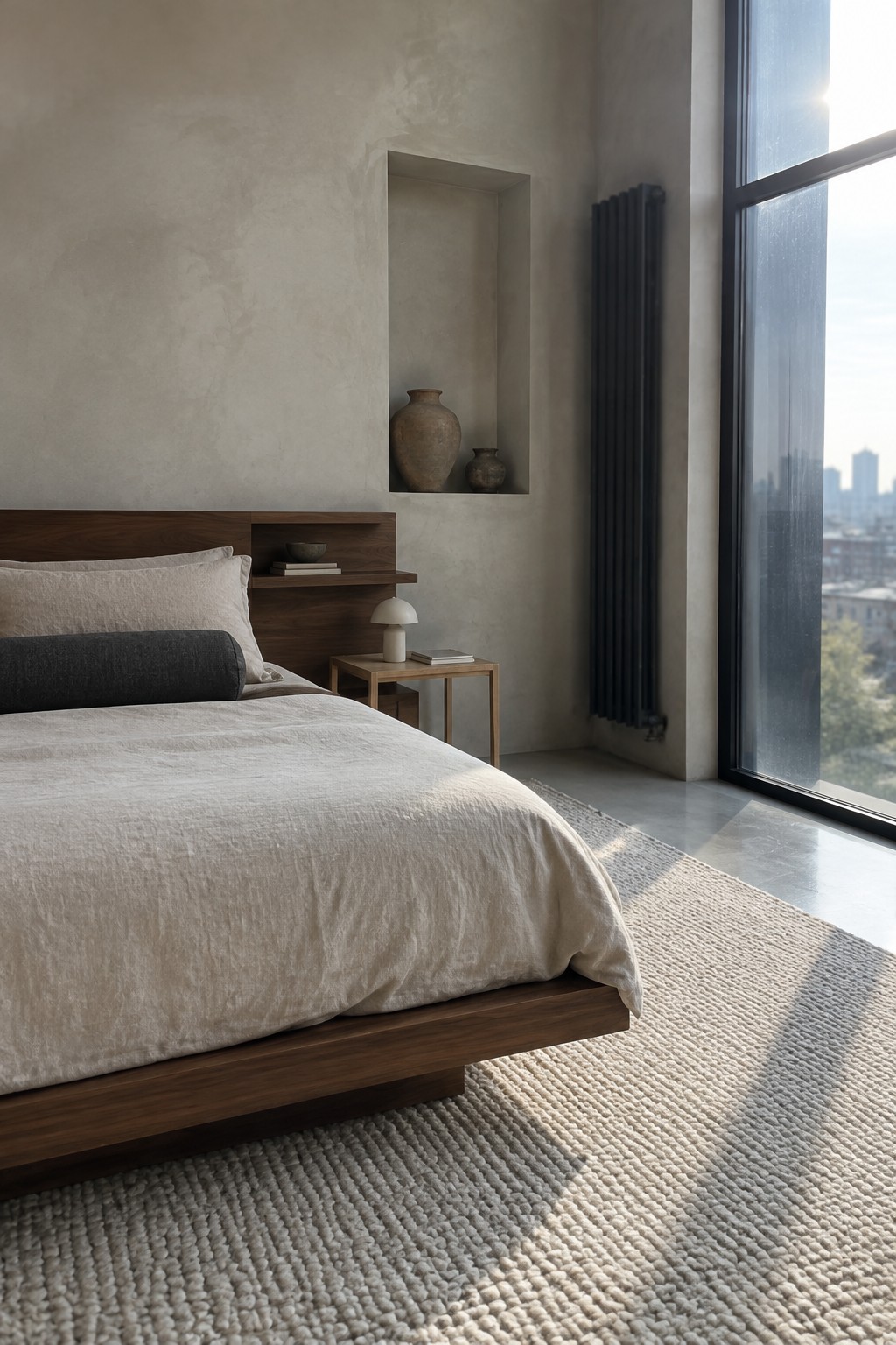 A bedroom with a low-profile dark wood bed frame, light linen bedding, a built-in wall niche holding two ceramic vases, and a large window with a city view.