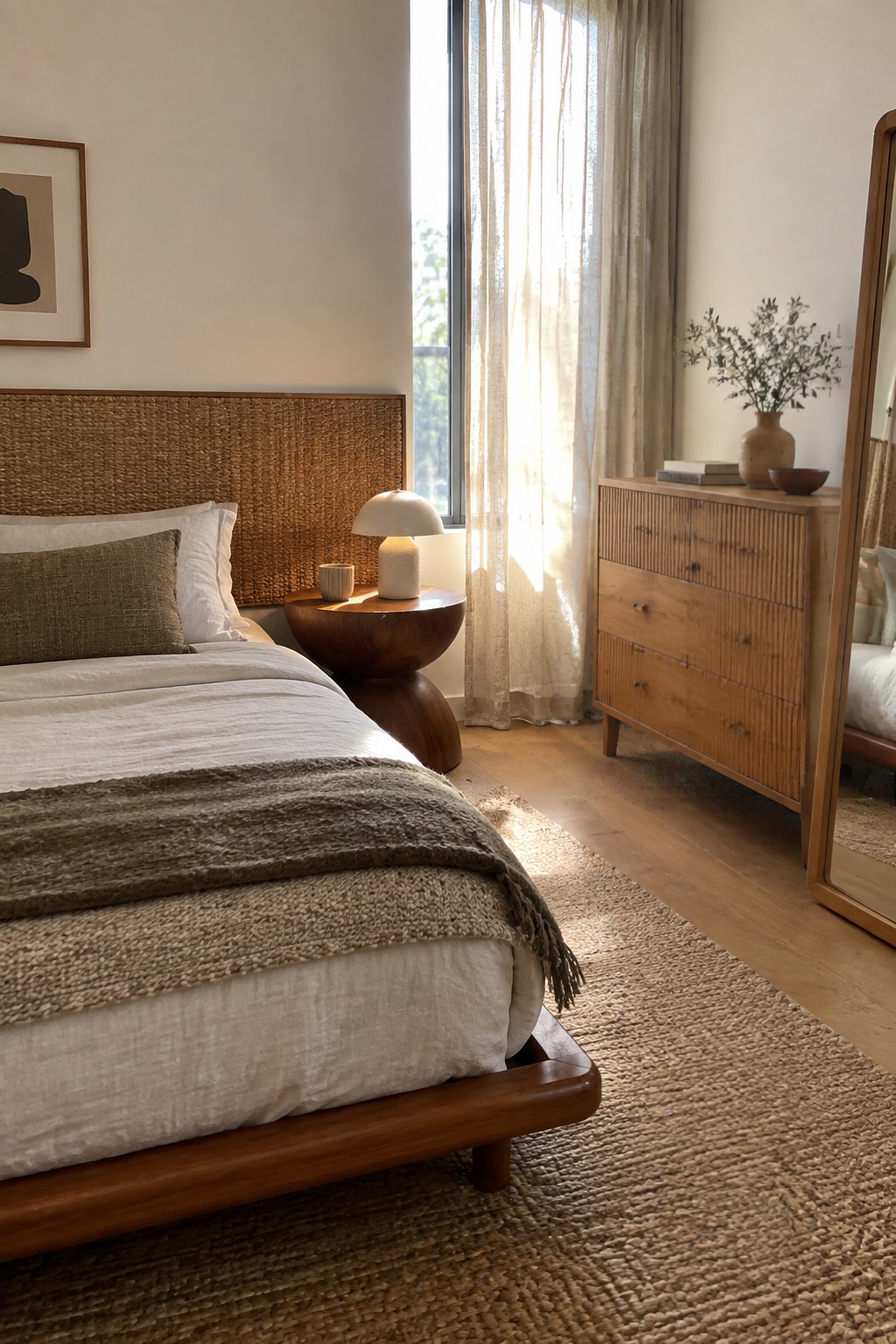 A bedroom with a low wooden platform bed, white linens, olive green throw, textured woven headboard, round wooden nightstand with white lamp, wooden dresser, jute rug, and sheer curtains on a tall window.