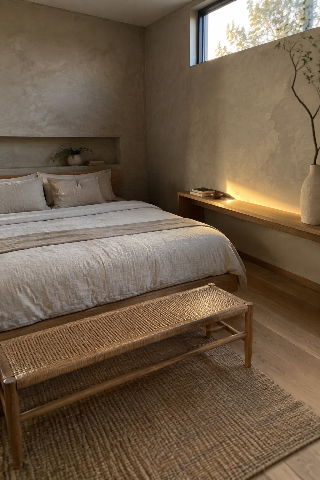 A bedroom with a low wooden bed in white linens, a woven bench at the foot on a jute rug, and a wooden floating shelf along the wall.