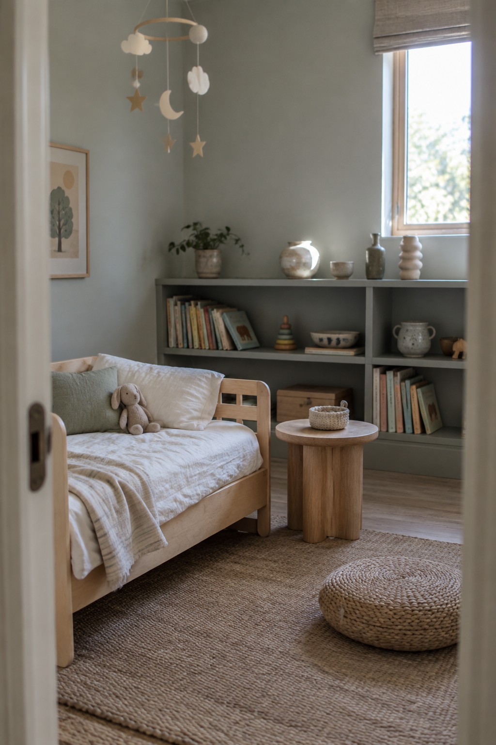 A children's bedroom featuring a low light-wood bed with neutral bedding, a round wooden side table, a woven jute rug, and built-in gray shelves holding books and pottery.