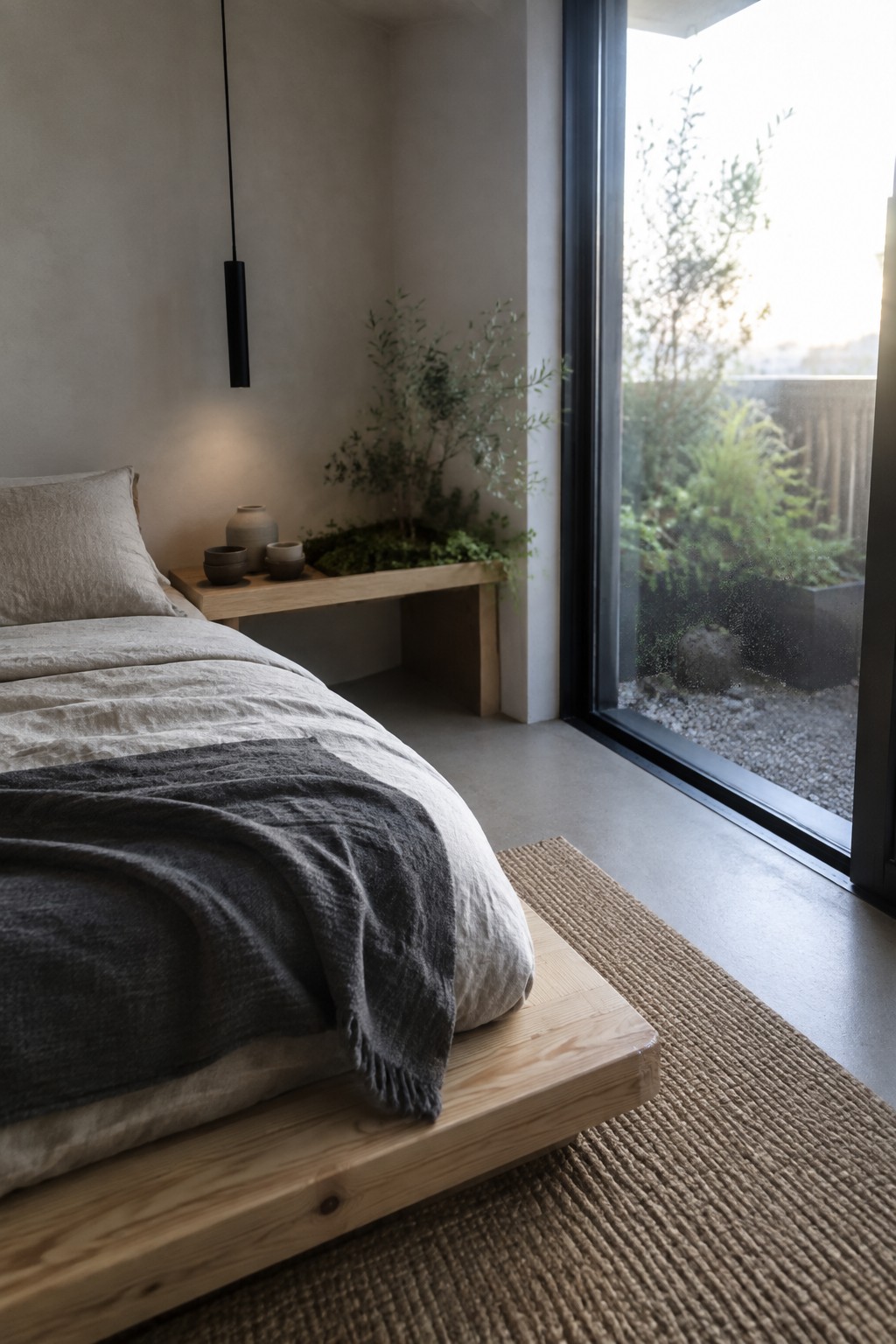Minimalist bedroom with low wooden bed, linen bedding, pendant light, and garden window view
