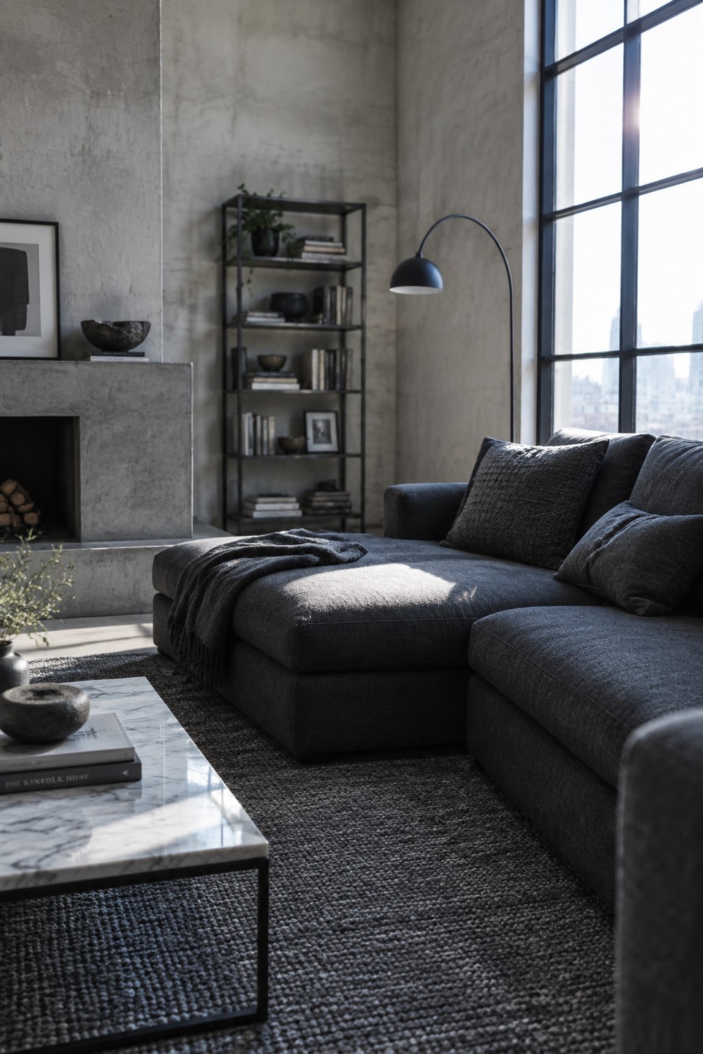 A modern living room with a large dark gray sectional sofa positioned near a concrete fireplace, a marble coffee table in front, and a tall black floor lamp beside a window.
