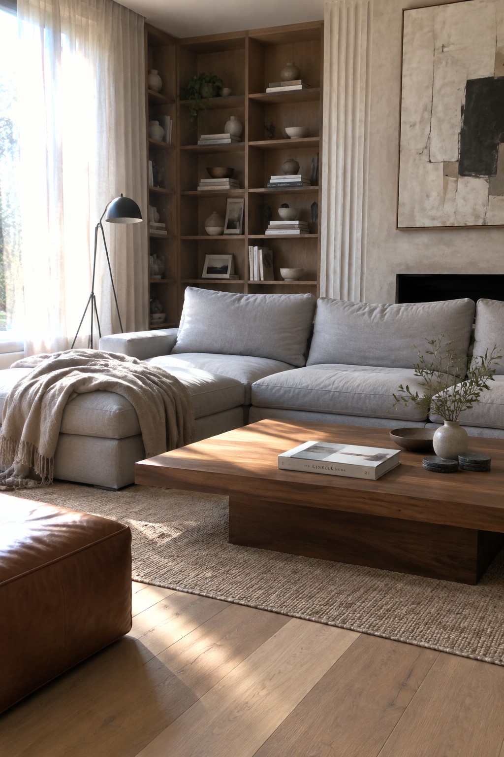 A light gray sectional sofa sits in front of wooden built-in shelving in a living room, with a low wooden coffee table on a woven rug and a brown leather ottoman nearby.