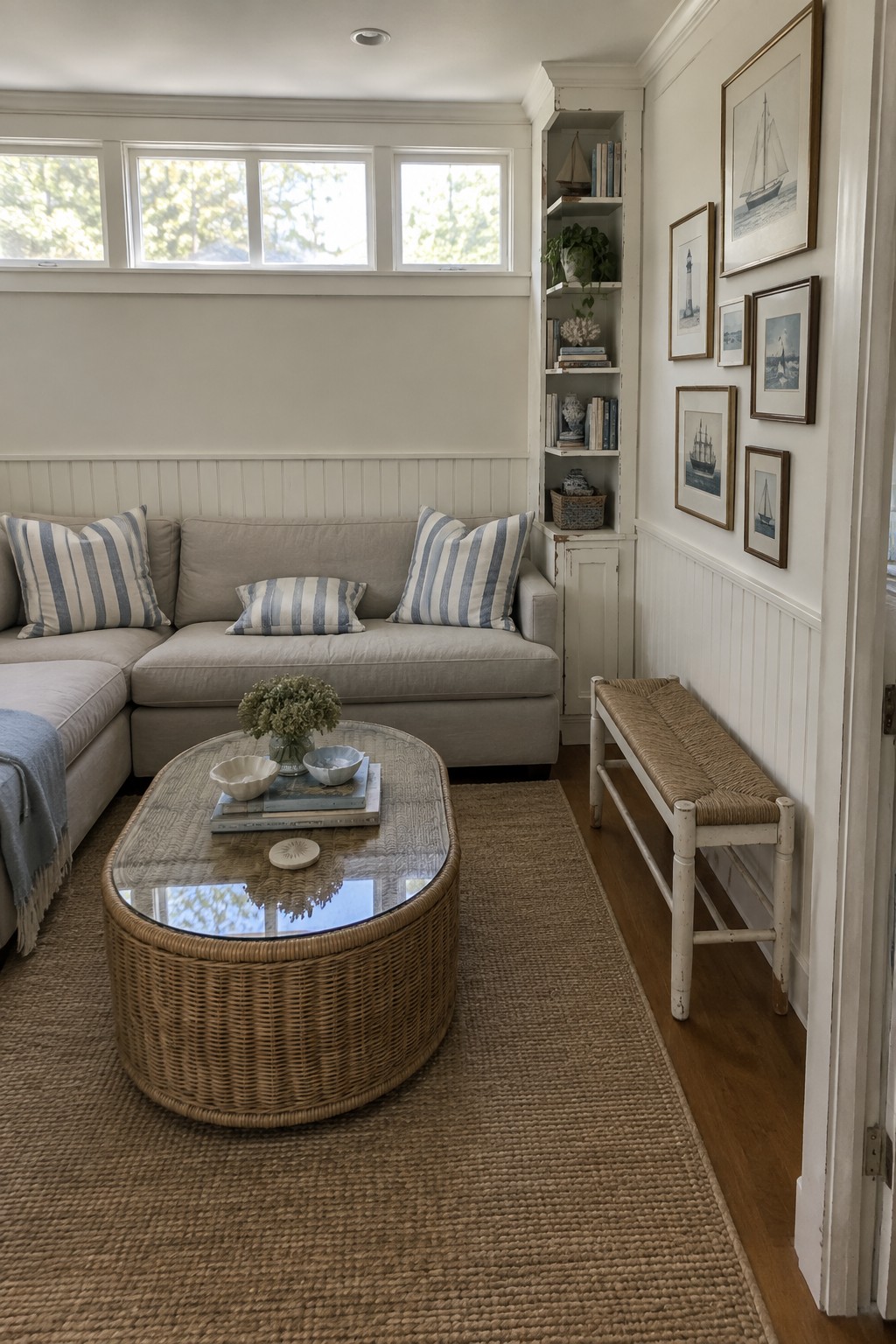 Coastal living room with beige sectional sofa, wicker coffee table, and nautical artwork