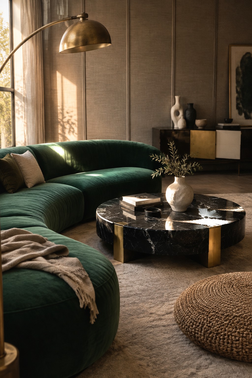 A living room with a large curved green sectional sofa arranged around a round black marble coffee table, with a brass arc floor lamp and sunlight coming through a window.