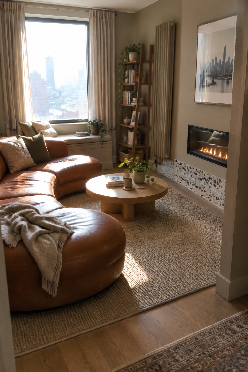 A living room featuring a curved brown leather sectional sofa on a woven rug, a round wooden coffee table in front of it, a lit fireplace on the right wall, and a large window with city views and a window seat on the left.