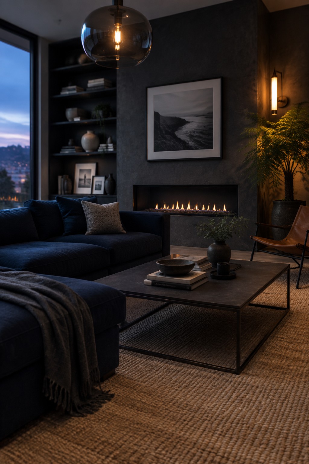 A modern living room with a dark blue sectional sofa facing a linear fireplace set into a textured dark wall, a dark rectangular coffee table in the middle, and built-in shelves to the left.
