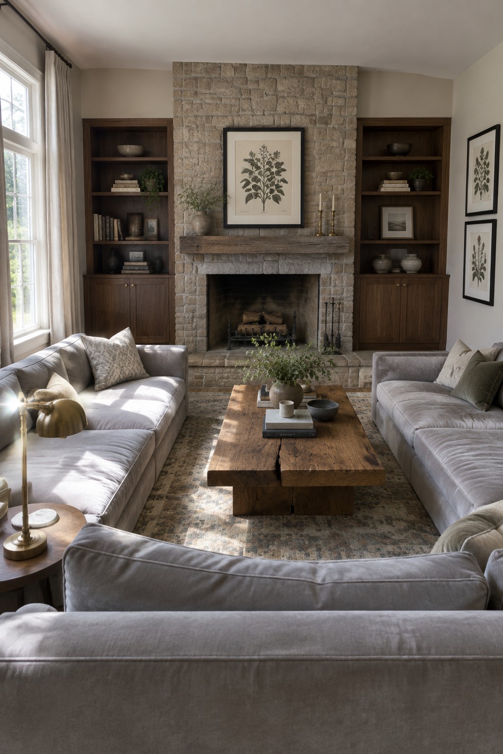 A living room with two gray sectional sofas facing each other across a wooden coffee table in front of a stone fireplace with built-in wood shelves on both sides.