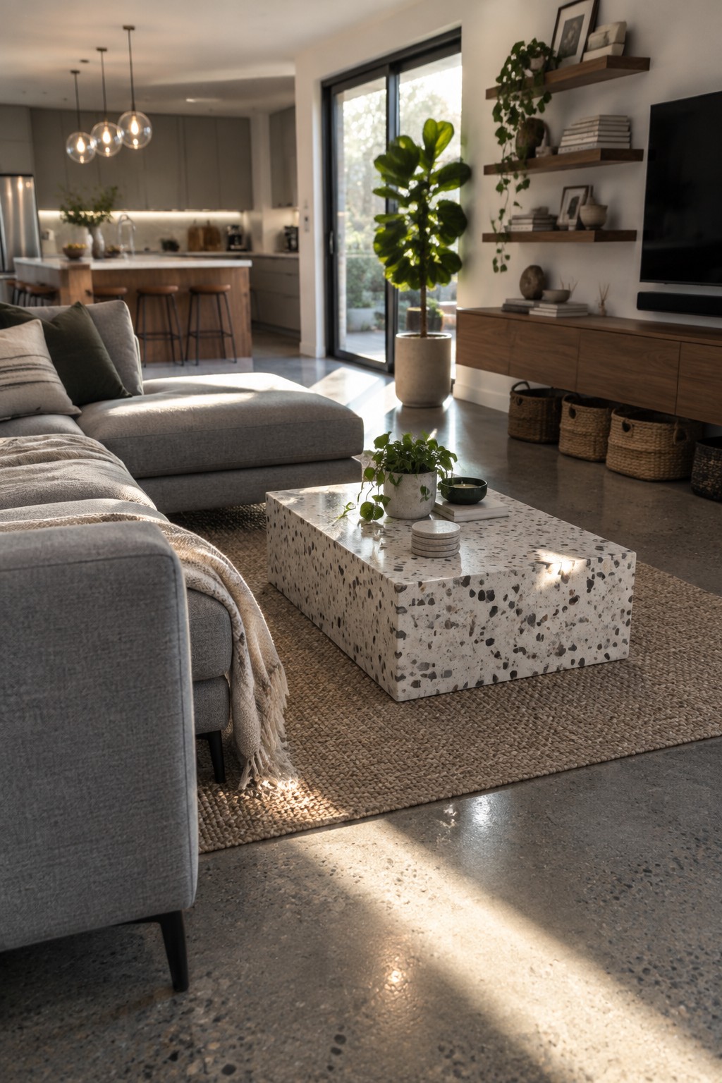 A modern living room featuring a gray sectional sofa, a rectangular terrazzo coffee table on a woven rug, and a large potted plant near sliding glass doors.