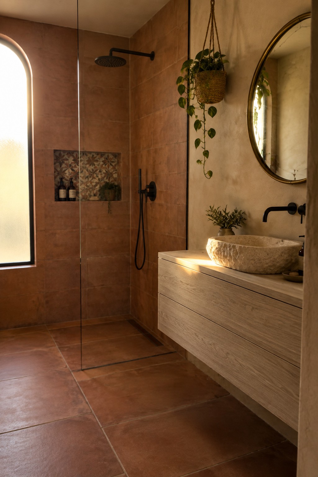A modern bathroom with terracotta tiled walls and floor, a glass walk-in shower with black fixtures, and a floating light wood vanity with a stone vessel sink.