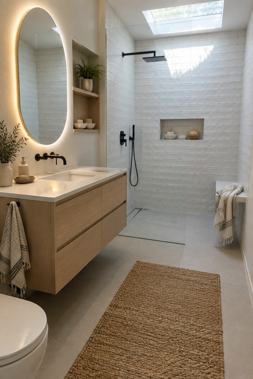 A modern bathroom with a floating light wood vanity, white countertop, black faucet, oval backlit mirror, and a white-tiled walk-in shower with skylight.