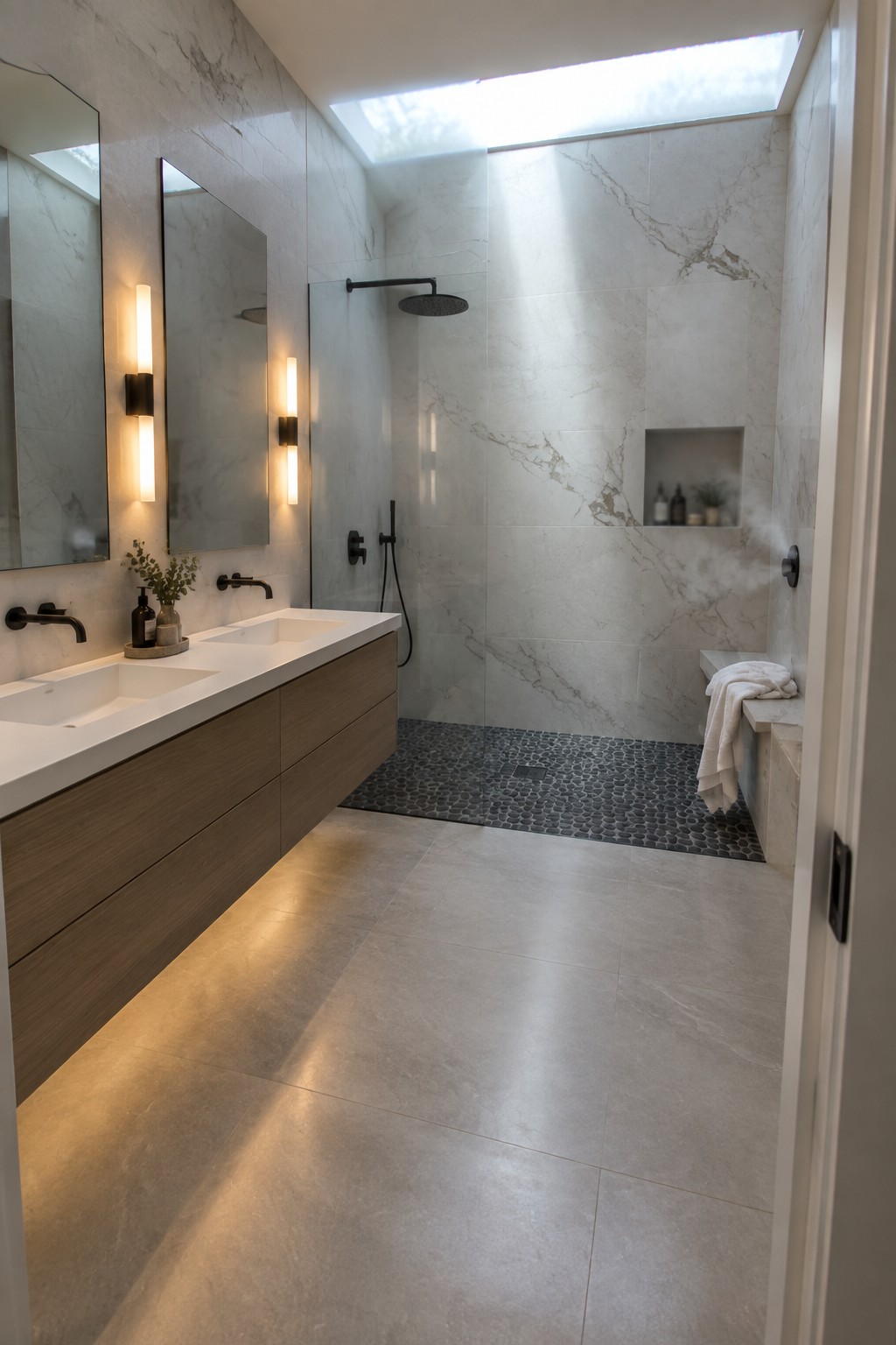 A modern bathroom featuring a long floating wooden vanity with two integrated sinks, marble walls, a walk-in shower with pebble flooring, and a skylight overhead.