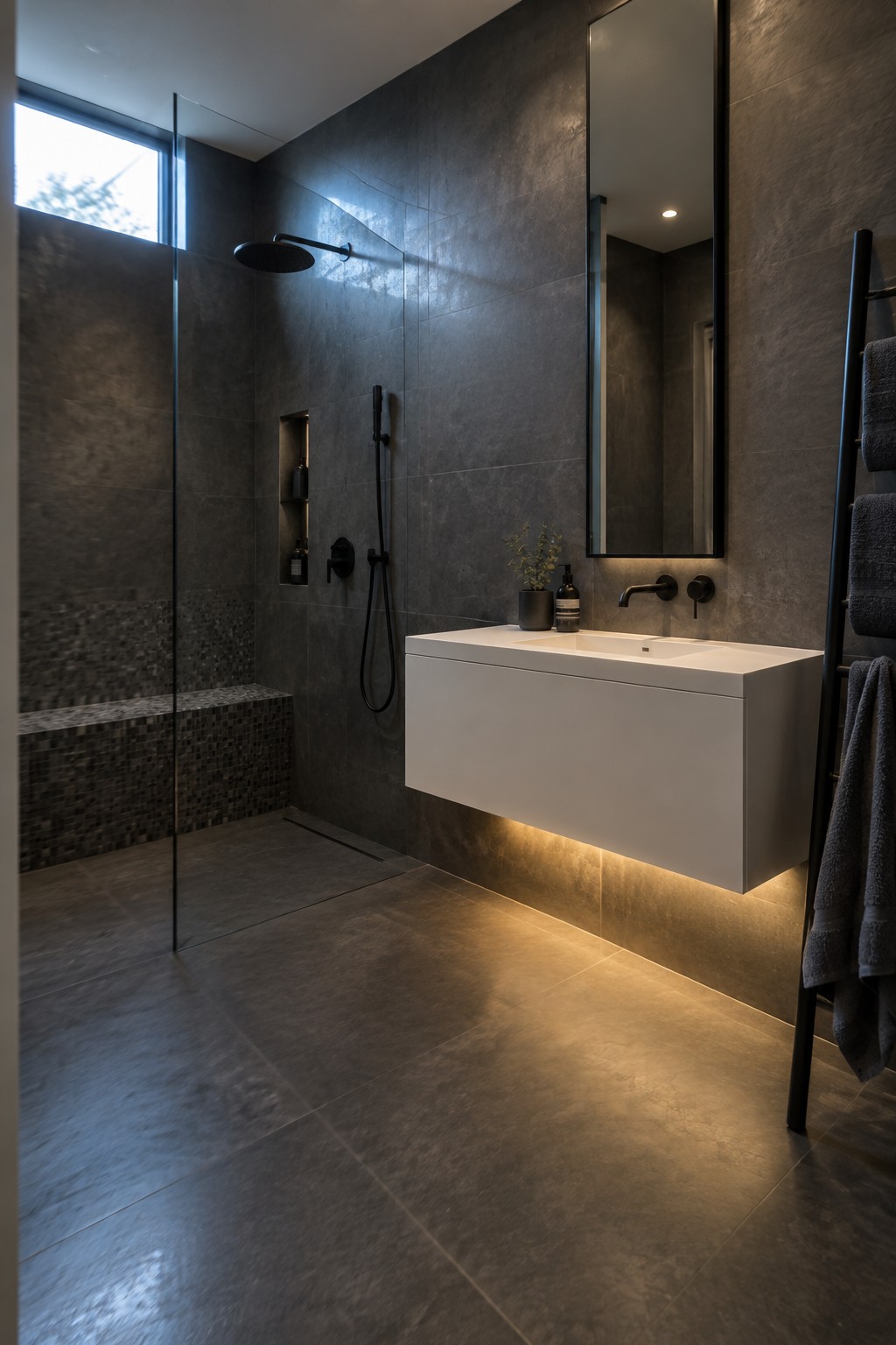 A modern bathroom with dark gray tiled walls, a glass walk-in shower on the left, a white floating vanity with warm underlighting, and a tall mirror above the sink.