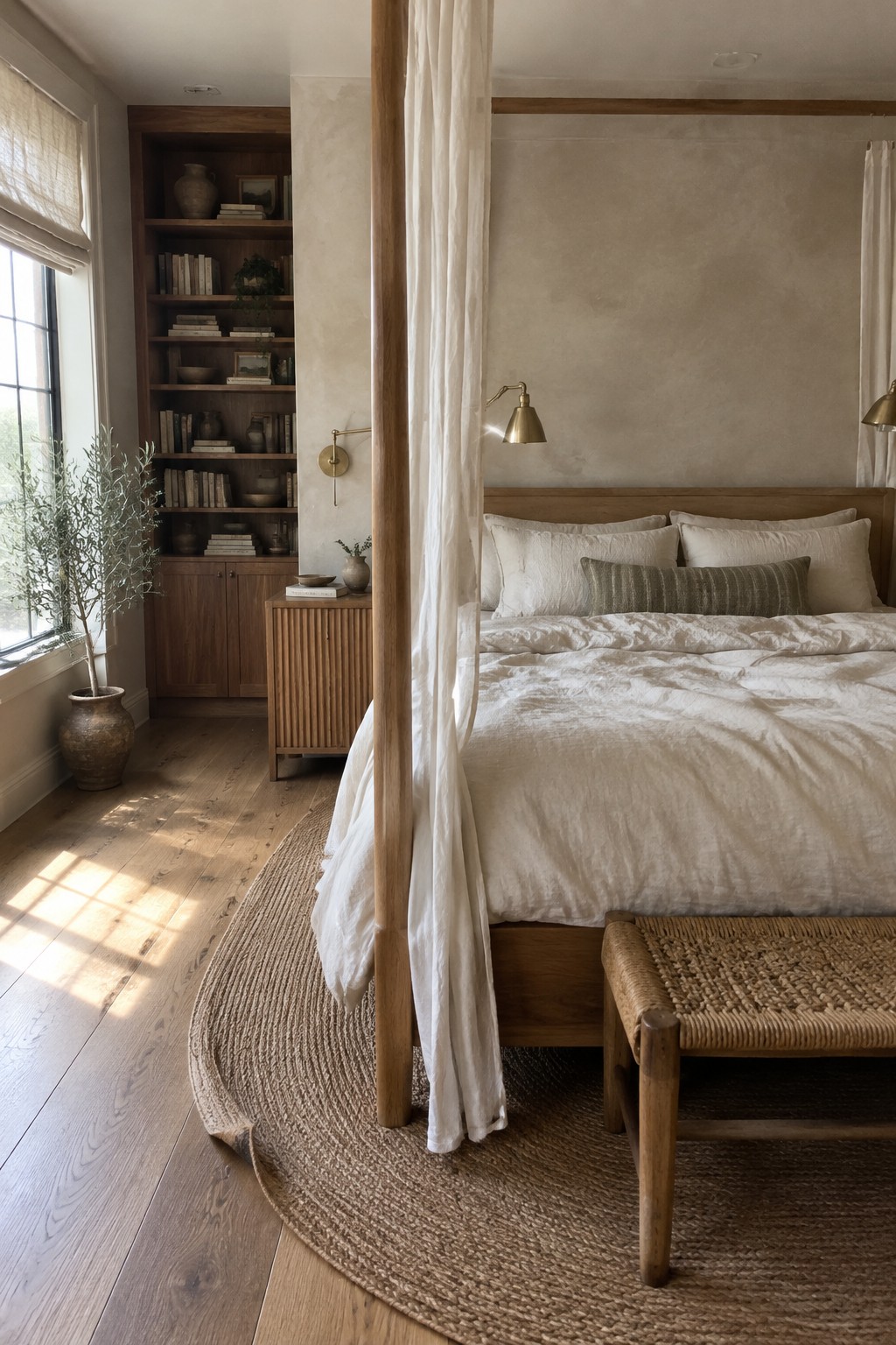 A bedroom with a wooden canopy bed draped in white fabric, neutral bedding, a woven bench at the foot, and built-in bookshelves to the left of the bed.