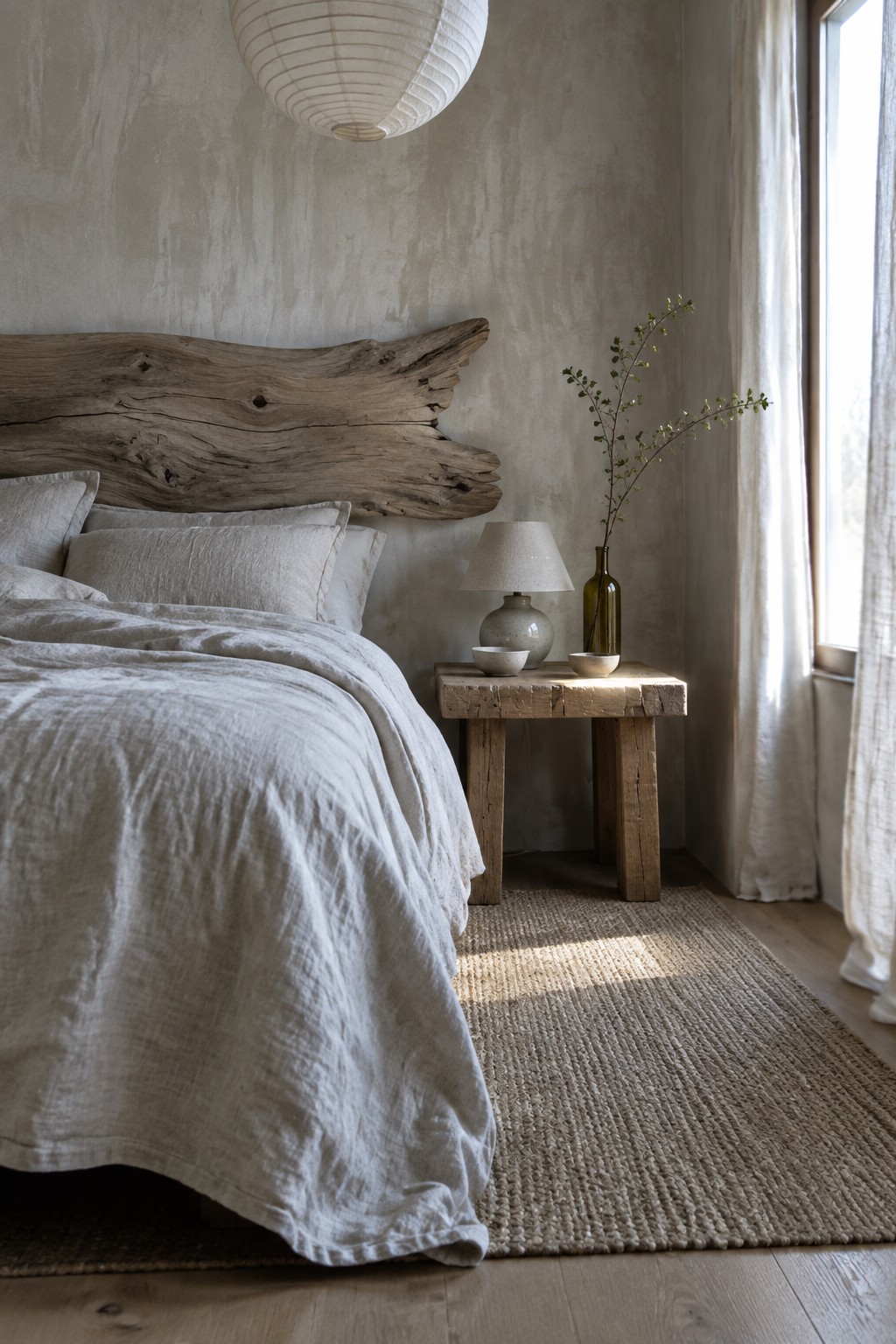 A bedroom with a large reclaimed wood headboard on a textured wall, light linen bedding, and a rustic wooden nightstand holding a lamp and glass vase.
