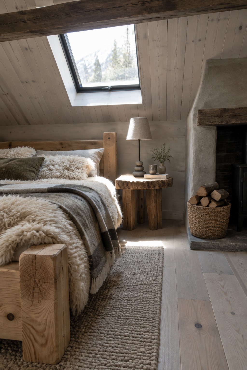 Cozy rustic bedroom with wooden bed, fur throws, skylight, and stone fireplace