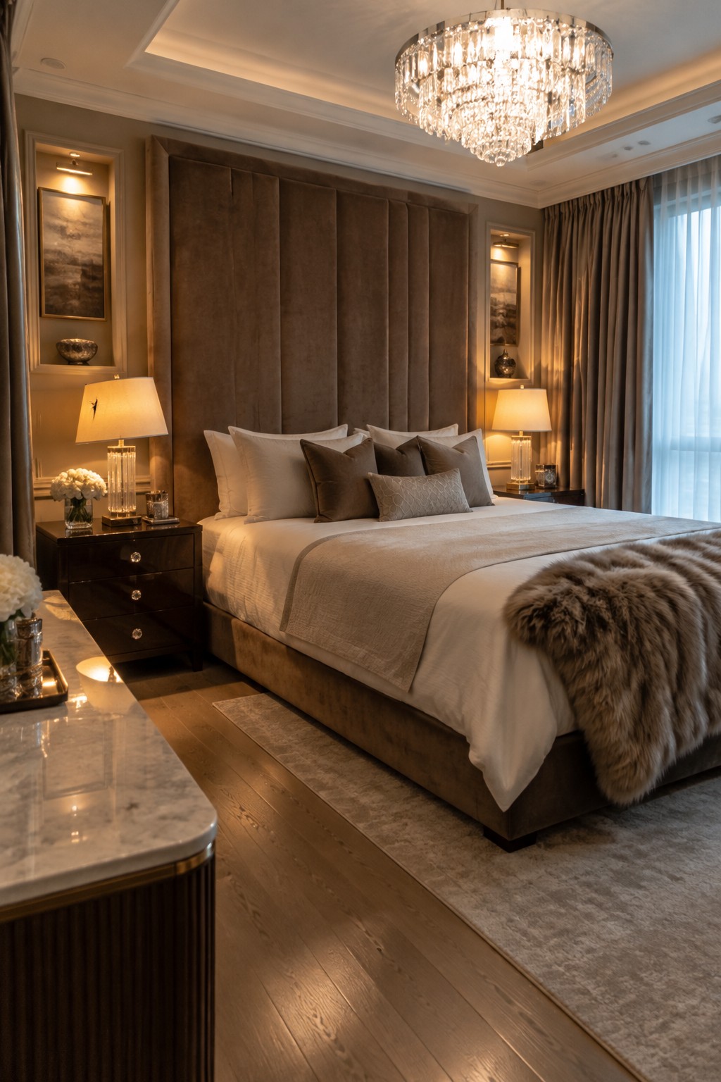 Luxurious bedroom with brown velvet headboard, crystal chandelier, white bedding, and marble vanity.