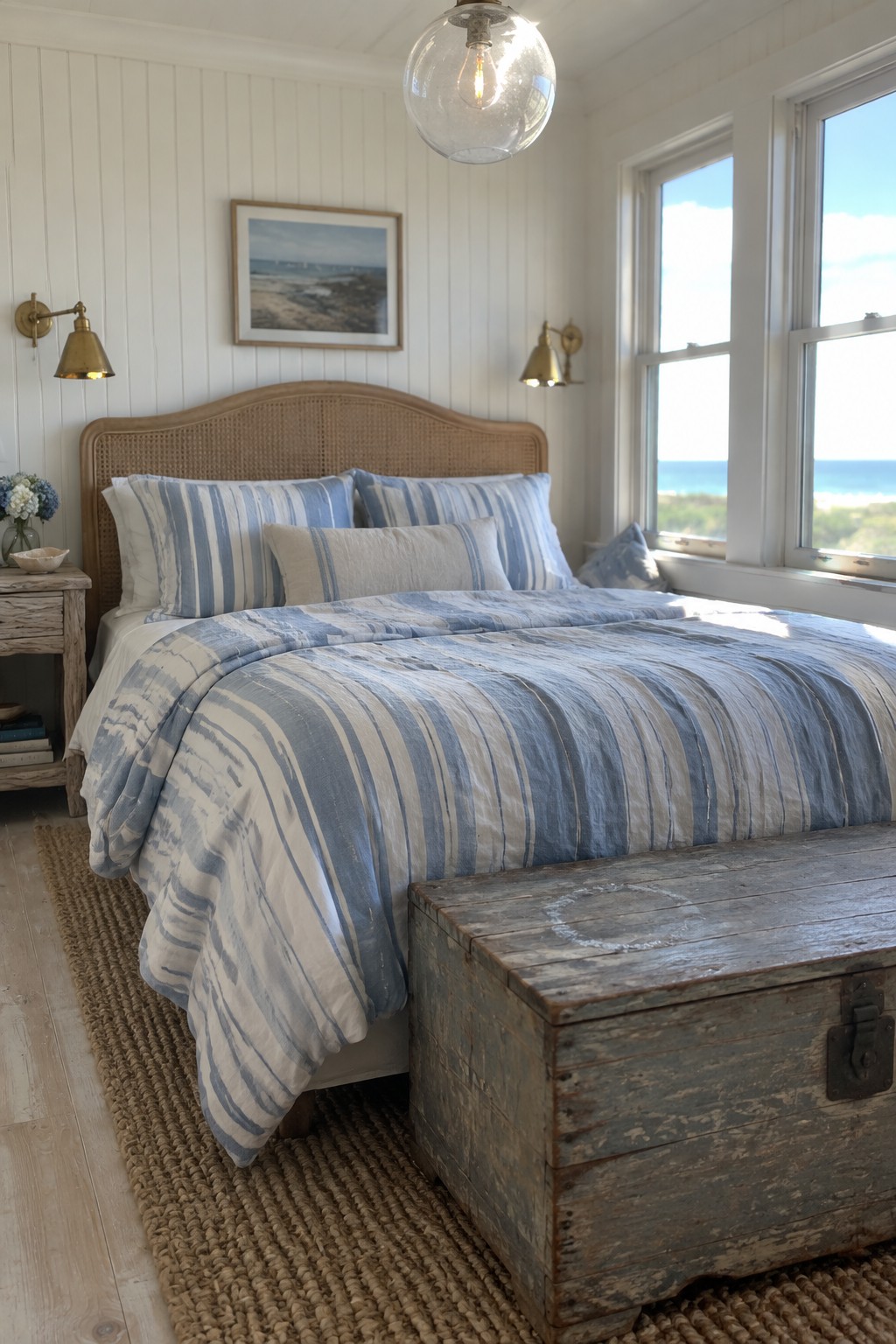 Coastal bedroom with blue striped bedding, rattan headboard, ocean-view windows, and wooden chest