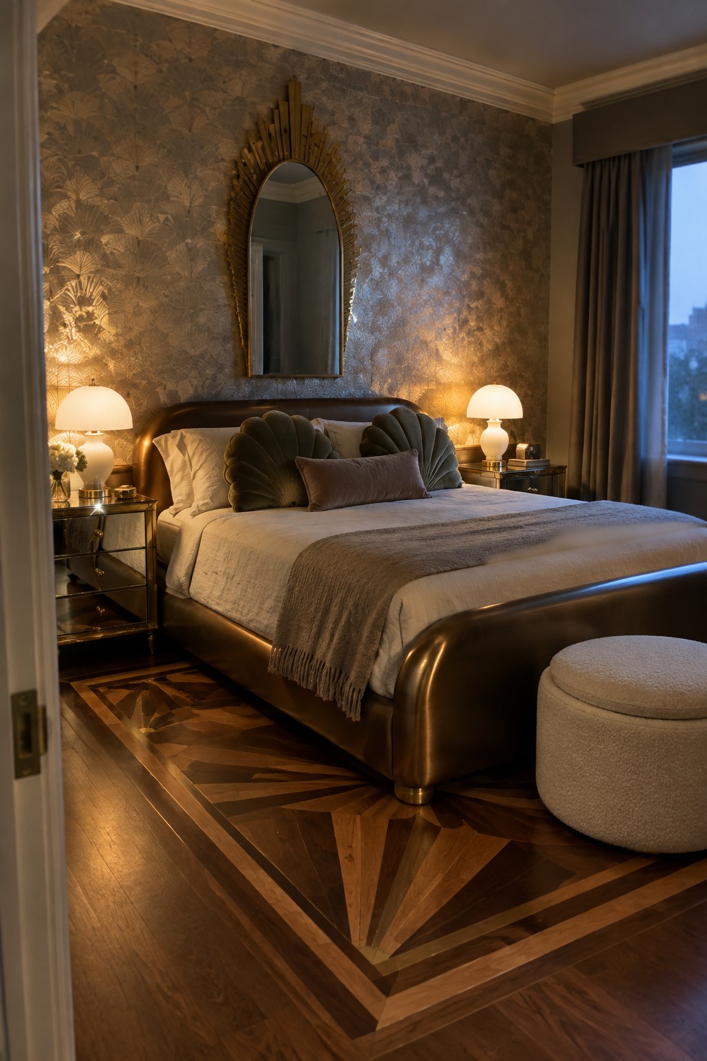 A bedroom with a large curved dark leather bed, white linens, a large ornate mirror above the headboard, and two lit lamps on mirrored nightstands.