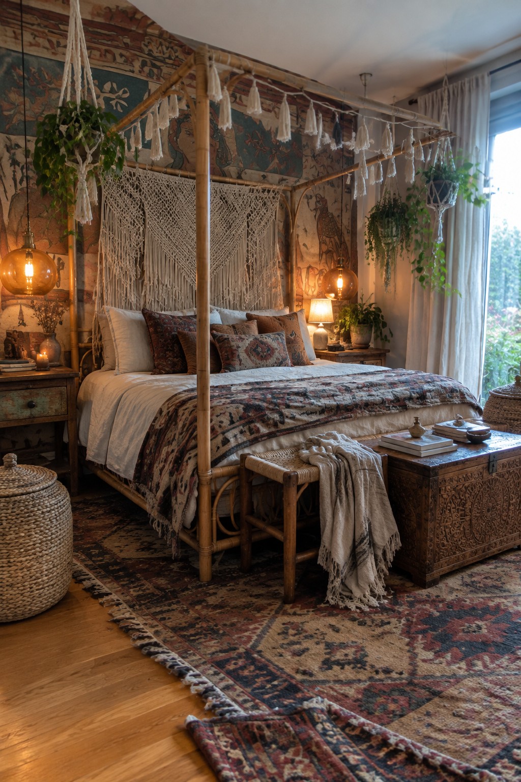 Bohemian bedroom with bamboo canopy bed, macrame hangings, patterned rugs, and hanging plants.