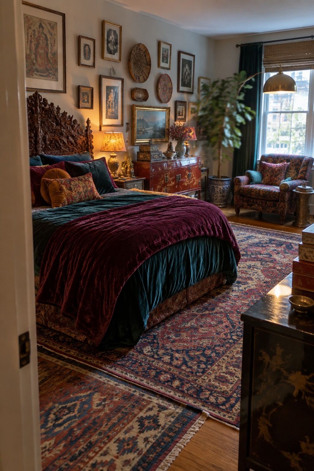 A bedroom with an ornate carved dark wood bed dressed in teal and burgundy velvet, a gallery wall above the headboard, and a large patterned rug covering the wood floor.