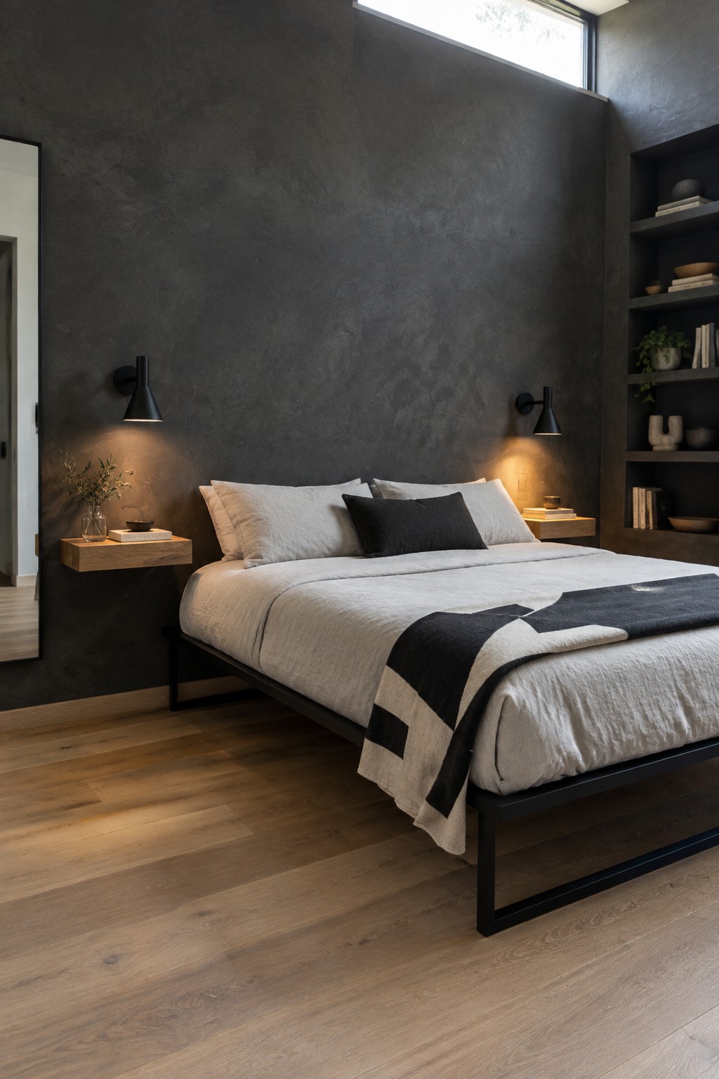 A bedroom with a black metal bed frame dressed in light bedding, positioned against a dark textured accent wall with wall-mounted black sconces and floating wooden shelves on either side.