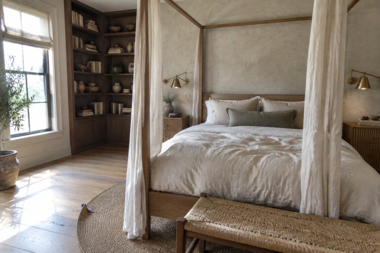 A bedroom with a wooden canopy bed draped in white fabric, neutral bedding, a woven bench at the foot, and built-in bookshelves to the left of the bed.